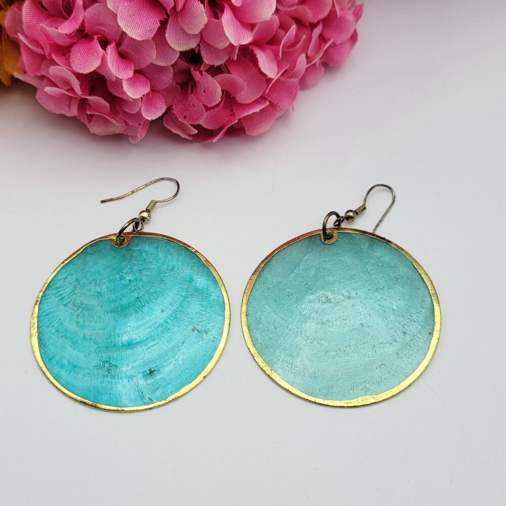 Blue Capiz Shell Large Circle Drop Earrings Gold Tone French Wire 50mm